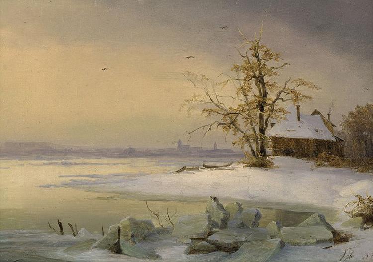 Theodor Hosemann Blick uber die Havel auf das winterliche Brandenburg. oil painting picture